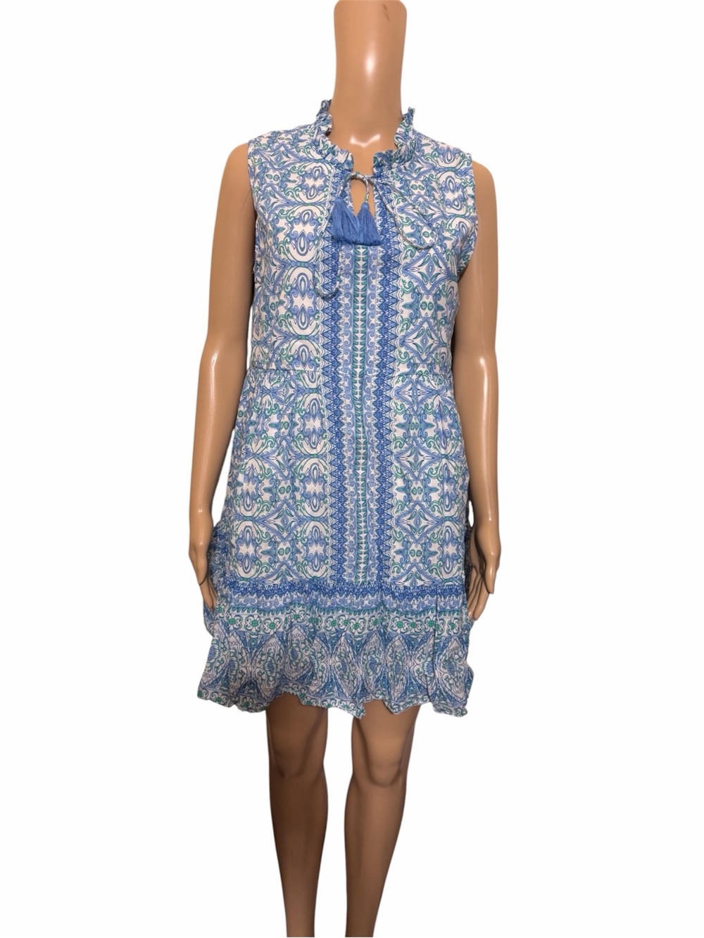 Jude Connally Blue, White & Green Printed Tassel Shift Dress